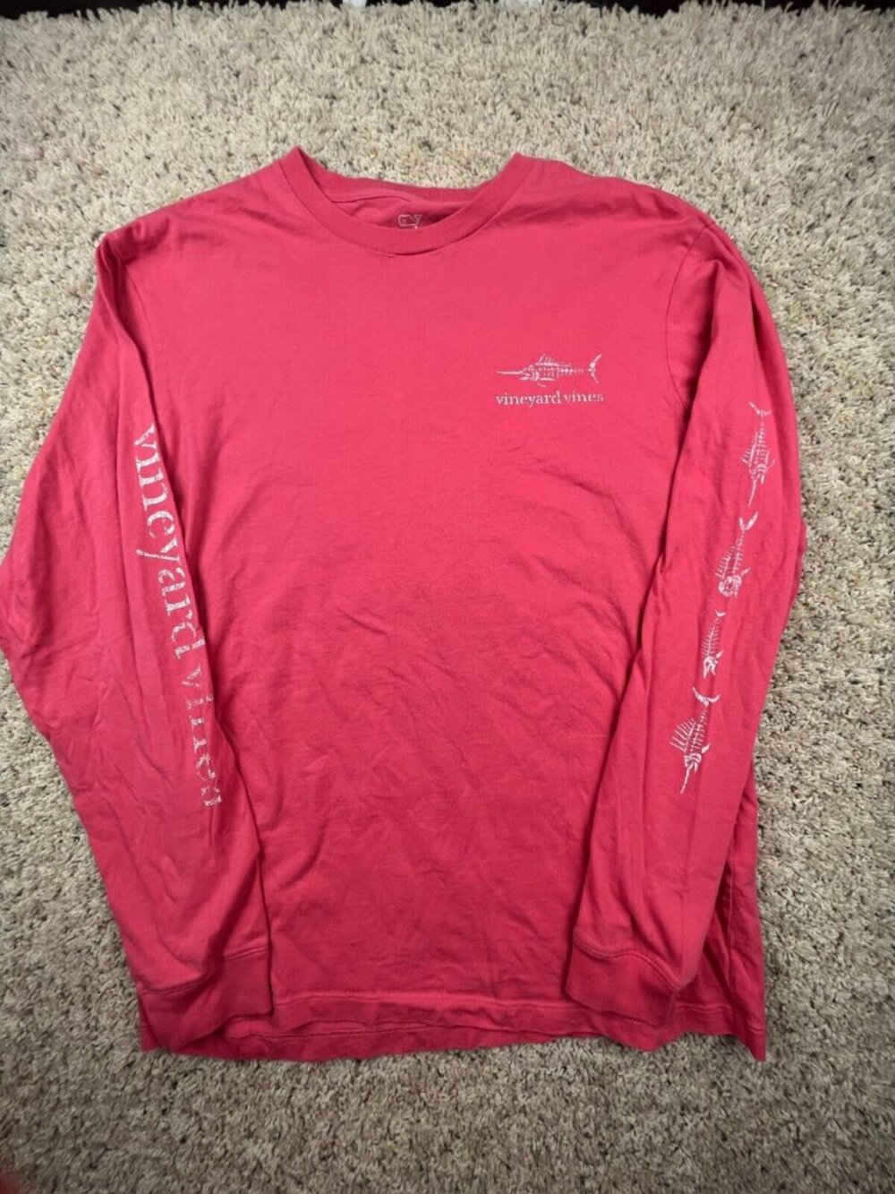 Vineyard Vines T-Shirt Salmon Mens Medium Long Sleeve Bone Fish Skeleton Bones